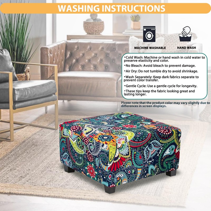 TOPHMDECOR Large Ottoman Cover Square Slipcovers Printed,Stretch Footrest Stool Cover