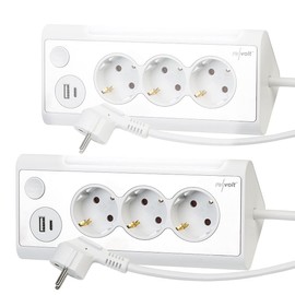 revolt Steckdosenleisten: 3-fach-Steckdose mit Nachtlicht, 1x USB A QC, 1x USB C PD, weiß 2er-Se (3-fach-Steckdosenleiste, 3-fach-Eck-Steckdosenleiste, Überspannungsschutz)