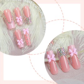 Rhinestones Press on Nails Long Square Fake Nail Pink French Tip False Nails with 3D Bow Charms Designs Full Cover Artificial Stick on Nail Reusable Acrylic Glue on Nail for Women 24 Pcs