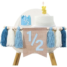 Auroriel 1/2 Birthday Boy High Chair Banner 6 Months Garland with Tassel Wooden Beads Blue Half Birthday Decor Nursery Party Birthday Decoration Christening Decoration fo