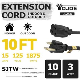 YOJOE Indoor Outdoor Extension Cord, 3 Prong 15A Weatherproof Power Cord, 10 Gauge Heavy Duty 10 ft Black Extension Cord for Garage, Garden and Home, 10/3 SJTW UL Listed