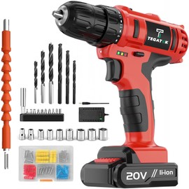 Tegatok Cordless Drill Set, 3/8 Drill Handheld Screwdriver Kit with 18+1 Torque Setting, 20V Electric Drills Tools Bit, LED Electric Power Drills with Battery and Charger, Red