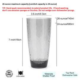 KOXIN-KARLU Hammered 26-ounce Plastic Tumbler Acrylic Glasses, set of 6 Smoke Grey