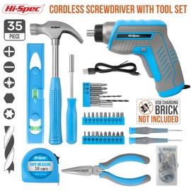Hi-Spec 35pc Blue Tool Kit with 3.6V USB Electric Screwdriver and Drill set. Complete General Tool Set