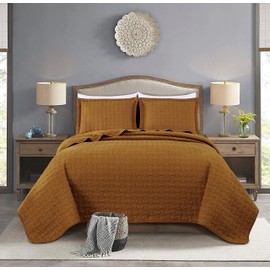 Chezmoi Collection Vert 3-Piece 100% Cotton Quilt Set Queen Size, Spice - Basketweave Quilted Lightweight Pre-Washed Soft-Finished Cotton Bedspread for All Season