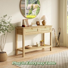 SUPERJARE Rattan Console Sofa Table with Outlets and USB-C Port, 2 Drawer Entryway Table with Synthetic Rattan Surface, 39 Inch, Open Shelf, Behind Couch Entry Foyer Hallway Storage, Natural