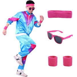 Angenster 80's Fancy Dress, Fancy Dress for Adults Men Women, with Headbands and Wrist Protector Accessories 80s, Shell Suit 80s 90s Fancy Dress Costumes for Carnival Masquerade Outfits (Blue, XXL)