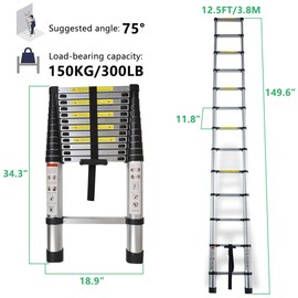 Elfinrm Folding Telescoping Aluminum Extendable Ladder - 12.5FT Collapsible Ladder with One Button Retraction, 330 Lb Capacity