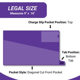 Doctor Stuff - Small Bottom Tab Vinyl Outguides, Diagonal Cut Front Pocket, Top Charge Out Slip Pocket, Plastic File Folder, Legal Size 9" x 16", Purple, 50/Box