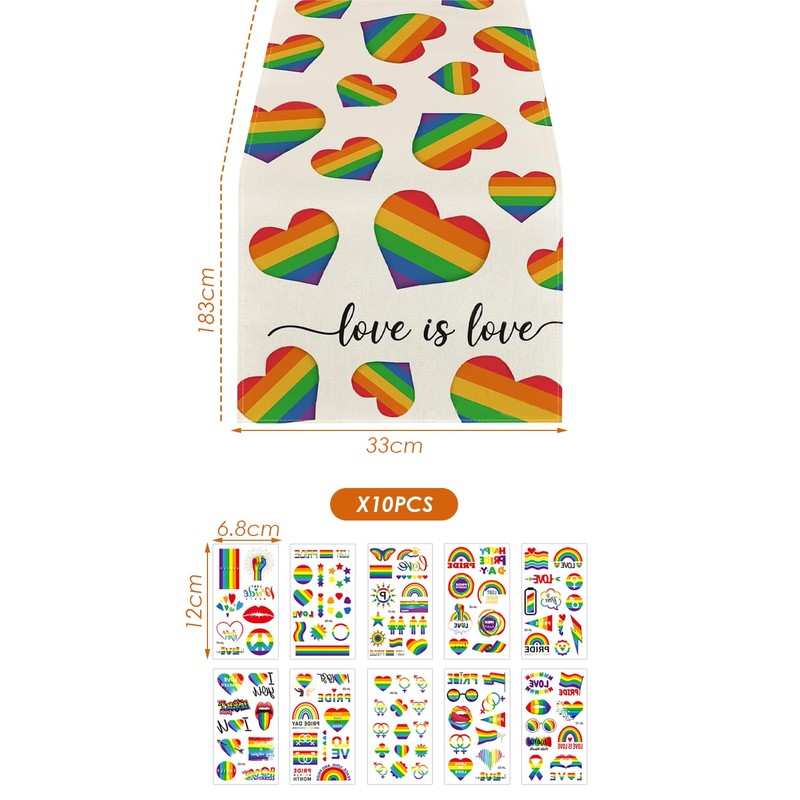 1 Heart Rainbow Tablecloth, 10 Rainbow Face Stickers, Pride Party