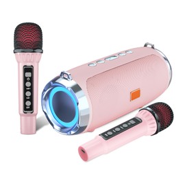 Karaoke Machine for Adult Kids, Portable Bluetooth Speaker with 2 Wireless Microphones, Singing Karaoke Player for Birthday Gift Party Family Supports TWS/Bluetooth/TF/AUX/USB Pink