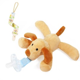 Zooawa Baby Pacifier, Dog Pacifier Holder with Detachable Plush Stuffed Animal Toy for Infant Boys Girls 3-36 Months