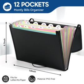 12-Pocket-Expanding File-Folder,Accordion-File-Organizer, A4/US Letter Size Paper Receipt Organizer Accordian Filing Folders (Black-C-12 Pockets)