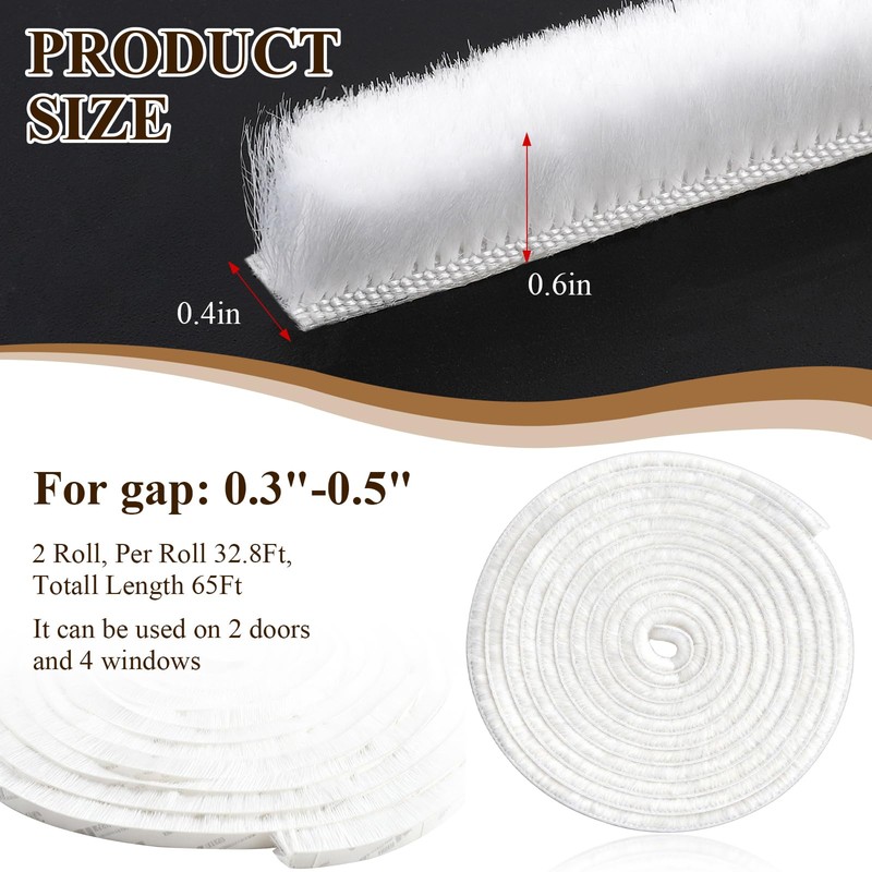 Supkiir 65.6Ft Brush Weather Stripping, 0.4" WideX0.6 Thick Door Seal