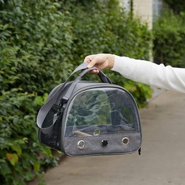 Bird Travel Carrier with Stainless Steel Tray, Lightweight, Breathable Parrot Cage with Removable Wooden Stand and Long Shoulder Strap, Bird Cages for Parakeets, Budgies, Grey