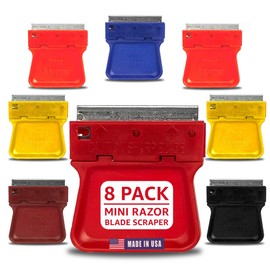 MINISCRAPER Original Mini Razor Scrapers, 8 Pack U.S. Made For Scraping Off Paint Decals Labels Stickers and Debris On a Variety Of Surfaces