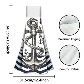 WADORN Kitchen Towel for Hanging with Nautical Anchor, Set of 2, Hand Towel with Anchor Motif and Ocean Motif with Loop Hook, Absorbent for Hanging, Tea Towel, Wash Cloth for Kitchen, 31.5 x 34.5 cm
