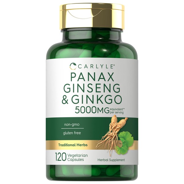 Carlyle Panax Ginseng + Ginkgo Biloba | 120 Vegetarian Capsules | 5,000mg | Vegetarian, Non-GMO, and Gluten Free Supplement
