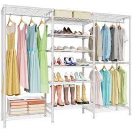 Higeego H12 Heavy Duty Clothes Rack with Adjustable 5-Tier Shoe Rack, Metal Clothing Racks for Hanging Clothes, Freestanding Shoe Organizer Large Garment Racks, 15.7" D x 68.7" W x 76.4" H, White