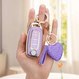 Vicoca for Nissan 4 Buttons Key fob Cover with Diamond Heart Keychain, Car Accessories TPU for Rogue SL Ariya FWD Pathfinder X-Trail Sentra SV 2023 2024 2025 285E3-7LA6A, Gold Purple