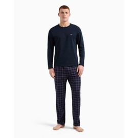 Emporio Armani Men's Pattern Mix Pajama Pant and Long Sleeve Tee Set, Armani Blue/Check, Small