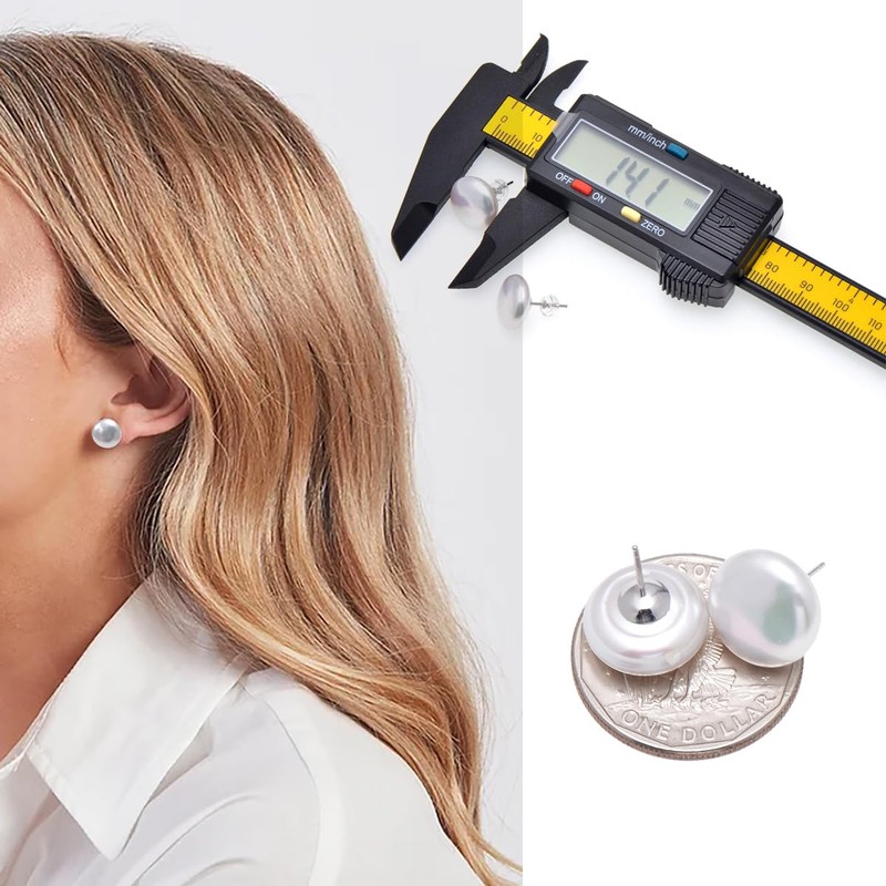 14-15 MM Freshwater Cultured Button Pearl Studs Earrings for Women,