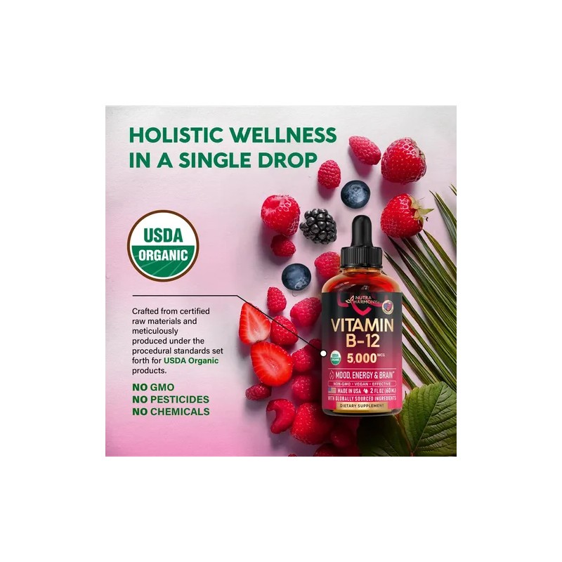Vitamina B12 Sublingual Gotas Orgánica 5000 Mcg Vegano Sabor