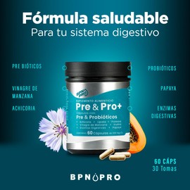 BPN PRO Probioticos y Prebioticos Cápsulas Naturales con Enzimas Digestivas, MCT, Papaya, Vinagre de Manzana e Inulina | Suplemento Alimenticio Digestivo Completo | Sin Gluten ni Aditivos (60 cápsulas)