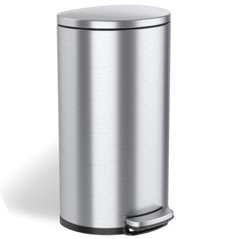 iTouchless SoftStep 8 Gallon Trash Can with Removable Inner Bucket and AbsorbX Odor Filter, Stainless Steel, 30 Liter Semi-Round Step Pedal Garbage Bin for Kitchen, Bathroom, Office, Quiet Lid Close