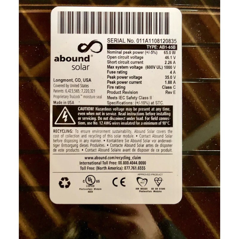 Abound Solar 65W Frameless Solar Panel AB1-65B