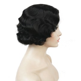 Lydell Vintage Cosplay Party Wig Short Finger Wavy Flapper Hairpiece +Free Wig Cap (Natural Black)