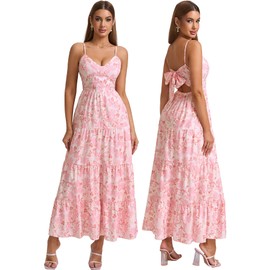 HTZMO Women Casual Summer Floral Maxi Sundress V Neck Spaghetti Strap Bow Tie Backless Flowy Boho Beach Long Dress 2025 Pink Floral L