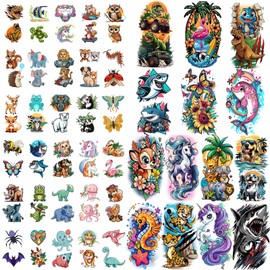 52pcs Temporary Tattoos for Kids Girls Boys, 8 Full Arm Sleeve Fake Tattoos with Lion Dinosaur Shark Dolphins Butterfly Elephant and 14 Kids Half Arm and 30 Small Waterproof Temporary Tattoos