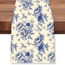 WADORN Blue Floral Table Runner 72 Inches Long, Flower Birds Chinoiserie Table Runner Spring Summer Seasonal Washable Kitchen Dining Table Decoration for Home Party Wedding Indoor Outdoor