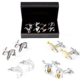 MRCUFF Fish Fishing Reel Fisherman 4 Pairs Cufflinks in a Presentation Gift Box & Polishing Cloth