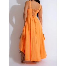 Women Summer Milkmaid Corset Dress Strap Square Neck Sleeveless Bustier A Line Boho Flowy Casual Maxi Sundress Orange