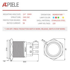 APIELE 19mm Momentary Push Button Switch On Off Stainless Steel with 12V LED Angel Eye Head for 19mm 3/4 Mounting Hole with Wire Socket Plug Self-Reset (Blue)