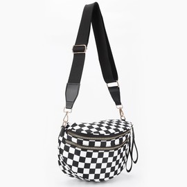 Checkered Crossbody Bag,Checkered Purse for Women Black and White Bum Bag Fanny Packs Belt Bag Sling Bag with Shoulder Strap (BLACK AND WHITE)