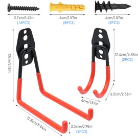 Pack of 4 Wall Hooks Garage J Shape Heavy Duty Double Hooks Small 66 mm / Medium 130 mm Storage Hooks for Hanging Bicycle Ladder Folding Chairs Sports Equipment (Orange)