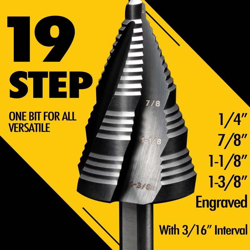 Four Spiral Flute Cobalt Step Drill Bit, 1/4" - 1-3/8"