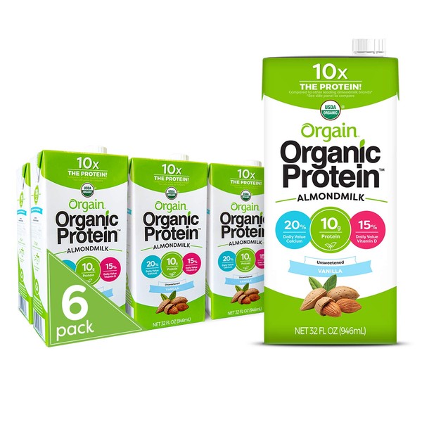 Orgain Organic Plant Based Protein Almond Milk, Unsweetened Vanilla - Non Dairy, Lactose Free, Vegan, Gluten Free, Soy Free, No Sugar Added, Kosher, Non-GMO, 32 Ounce (Pack of 6) (Packaging May Vary)