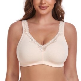 TELIMUSSTO Women's Full Coverage Wirefree Plus Size Soft Cotton Lace Bra Non-Padded 46C Beige