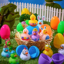 JOYIN 12 Pcs Prefilled Easter Eggs with Rubber Ducks Bath Toys, Basket Stuffers for Toddlers & Babies, Kids Party Favors, Easter Egg Hunt, Classroom Prizes for Kids