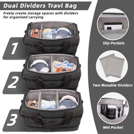 ZOMFELT Travel Duffle Bag for Men, 55L Waterproof Canvas Overnight Duffel Bag with Removable Dividers & Shoe Compartment, Carry On Weekender Gym bag, Multi-Pocket & Vintage Design (Washed Black)