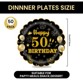 EVYIENEN 50Pcs 50th Birthday Party Paper Plates,7inch Disposable Black and Gold Scalloped Dessert Party Plates for Birthday Wedding Anniversary Reception Event Decorations
