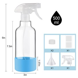 Glass Spray Bottles with Silicone Sleeve, 2 Pack 16 oz Refillable Containers with Adjustable Spray Nozzles, Empty Bottle Spray for Cleaning Solutions, Hair, Plants (Blue+Grey)