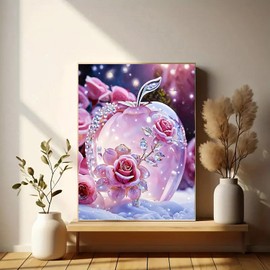 Diamond Art Painting Kits for Adults, Pink Rose 5D Diamond Painting Dots Art Kits for Adults Beginner, Crystal apple DIY Full Round Gem Crystal Art paint by Diamond, Home Wall Decor 12x 16 In