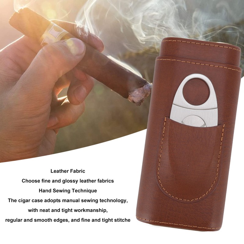 3 Finger Cigar Case Leather Cedarwood Lining Travel Portable Cigar