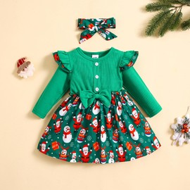 KONFEN Baby Girl Toddler Dress - Ruffle Long Sleeve Bowknot Suspender Dresses with Headband, Newborn Toddler Rib Knit Dress Set Outfits for Spring Autumn Winter for 2-3 Years (Christmas Pattern)