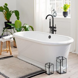 gotonovo Floor Mount Bathtub Faucet High Flow Freestanding Tub Filler Standing Shower Faucets with 360° Swivel Gooseneck Spout and Cylinder Handheld Spray, Matte Black